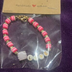 Pink and Gold Beaded Bracelet with Love Charm